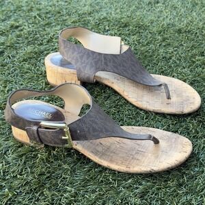 Michael Kors London Signature MK Thong Sandals Brown Cork Wedge Gold Buckle 7M